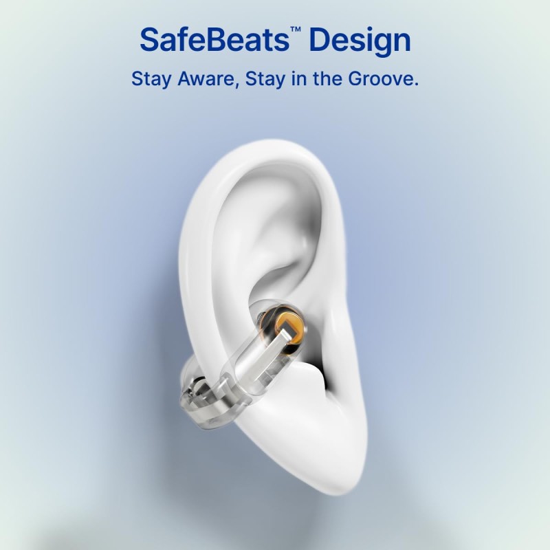 pTron Bassbuds Vortex Clips Wireless Open Ear Earbuds w/Chrome Finish, SafeBeats Tech, 50Hrs Playtime, Dual HD Mic w/AI-ENC, 10mm Driver (Black)