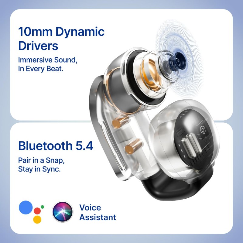 pTron Bassbuds Vortex Clips Wireless Open Ear Earbuds w/Chrome Finish, SafeBeats Tech, 50Hrs Playtime, Dual HD Mic w/AI-ENC, 10mm Driver (Black)