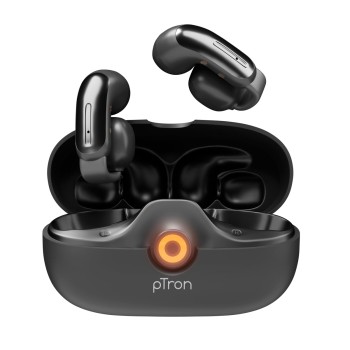 pTron Bassbuds Vortex Clips Wireless Open Ear Earbuds w/Chrome Finish, SafeBeats Tech, 50Hrs Playtime, Dual HD Mic w/AI-ENC, 10mm Driver (Black)