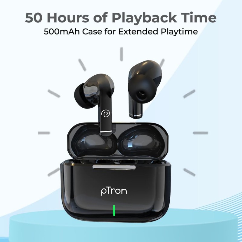pTron Basspods P251+ TWS Earbuds w/ 50Hrs Playtime, 12mm Drivers, Dual HD Mic & AI-ENC Calls, Movie Mode (Jet Black)