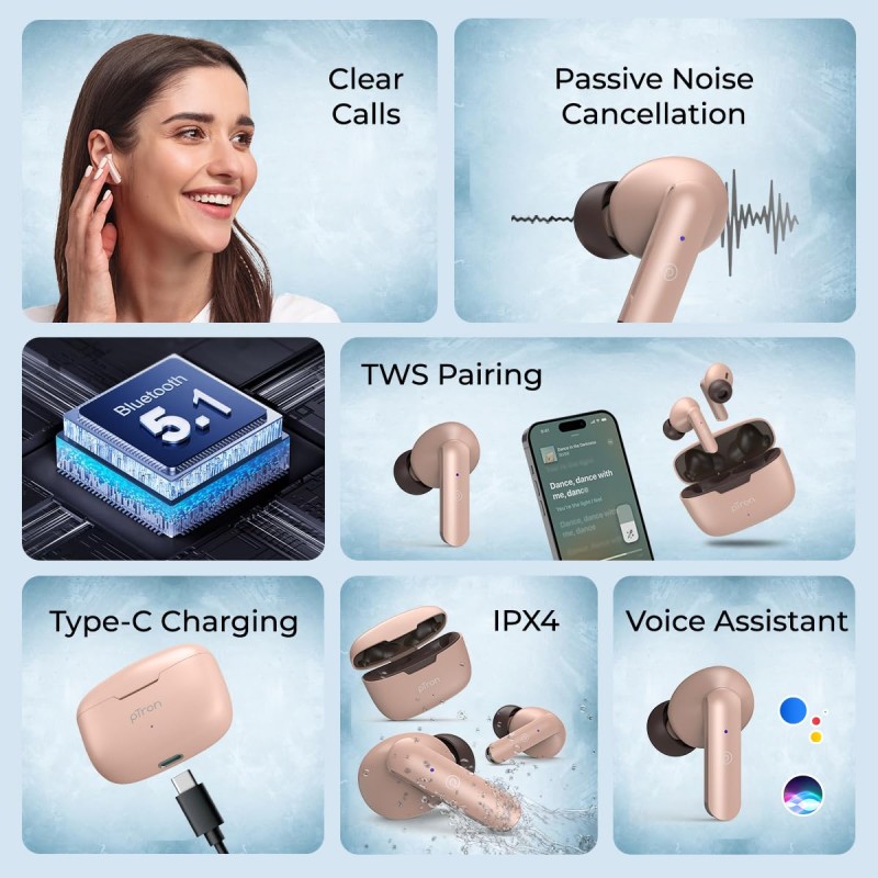 pTron Basspods P81 in-Ear Wireless Earbuds, Pristine Sound, 32Hrs Playtime, Clear Calls TWS Earbuds (Brown)