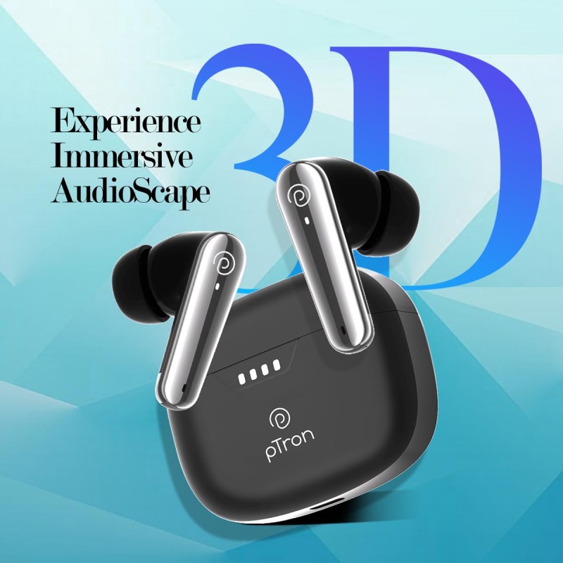 pTron Basspods Tour TWS Earbuds with 3D AudioScape, 45Hrs Playtime, TruTalk AI-ENC Calls, 50ms (Black)