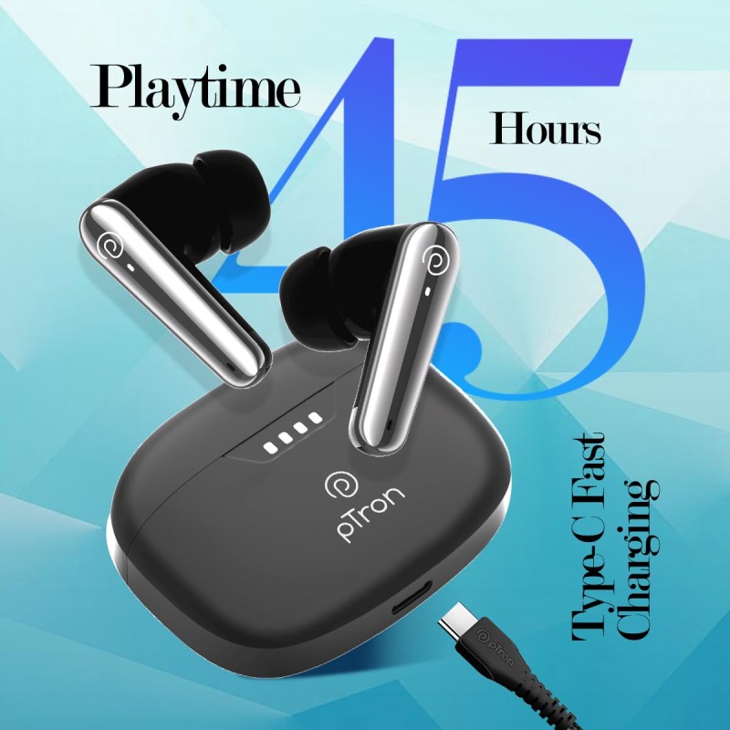 pTron Basspods Tour TWS Earbuds with 3D AudioScape, 45Hrs Playtime, TruTalk AI-ENC Calls, 50ms (Black)