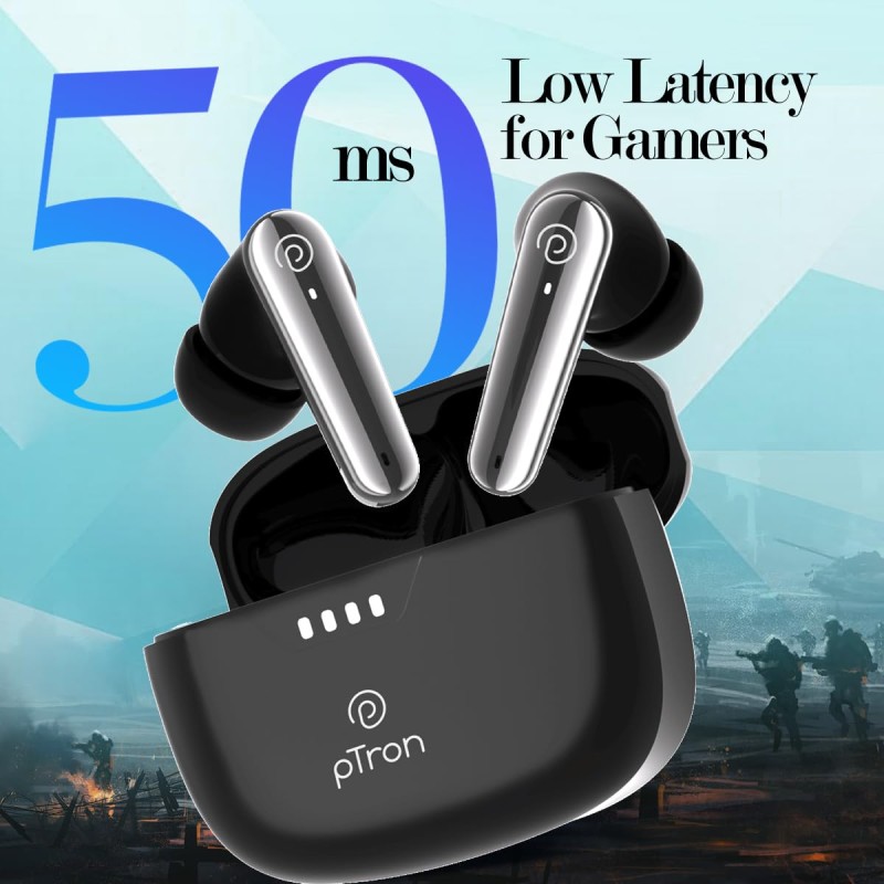 pTron Basspods Tour TWS Earbuds with 3D AudioScape, 45Hrs Playtime, TruTalk AI-ENC Calls, 50ms (Black)
