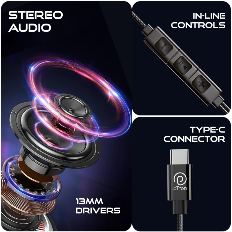 pTron Boom Play X2 in Ear Type C Wired Headphones with Mic, IEM Design, 13Mm Drivers for Pristine Audio Blue