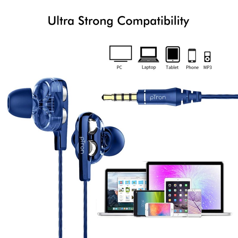pTron Boom Ultima 4D Dual Driver, in Ear Gaming Wired Headphones with in-Line Mic, Volume Control (Dark Blue)