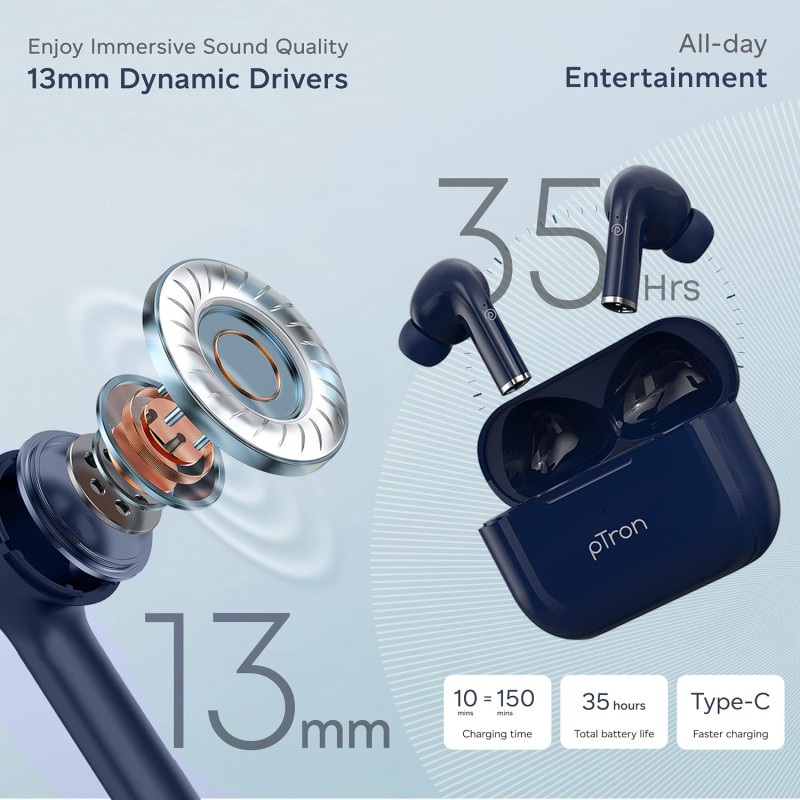 pTron Newly Launched Bassbuds Neo TWS Earbuds, HD Mic & TruTalk ENC Calls, Game/Music Modes, 35Hrs Playtime (Blue)