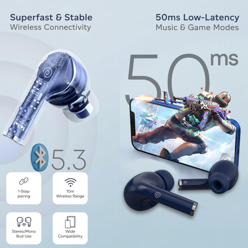 pTron Newly Launched Bassbuds Neo TWS Earbuds, HD Mic & TruTalk ENC Calls, Game/Music Modes, 35Hrs Playtime (Blue)
