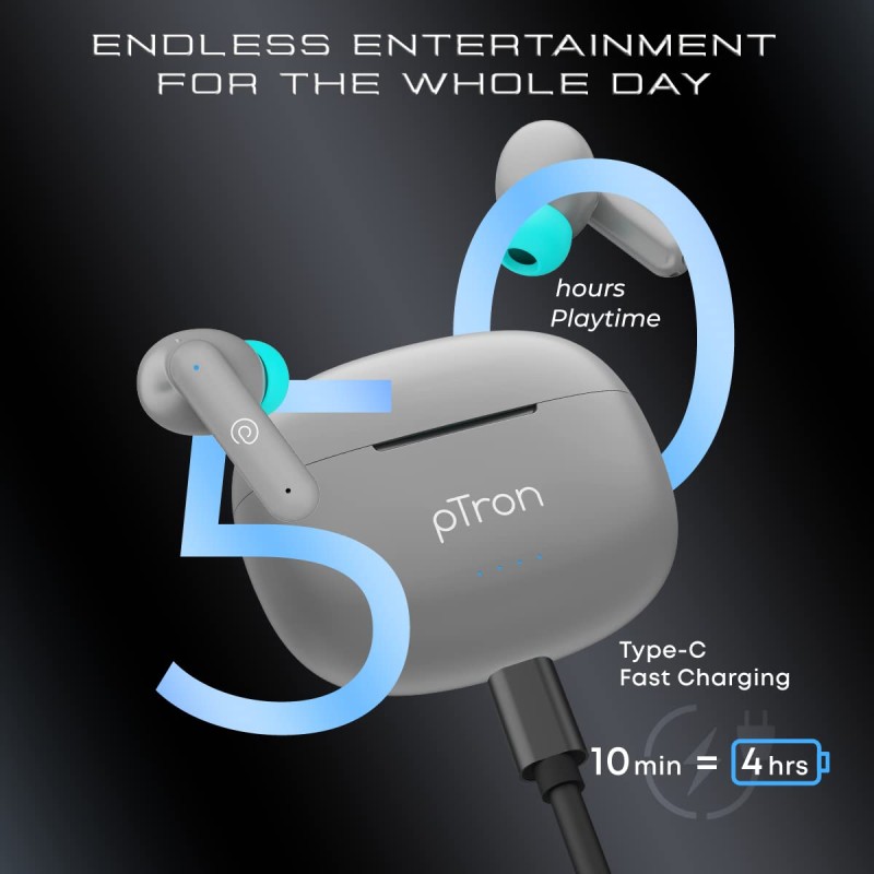 pTron Newly Launched Bassbuds Zen in-Ear Wireless TWS Earbuds with Quad ENC Mic TruTalk, 50Hrs Playtime (Grey)