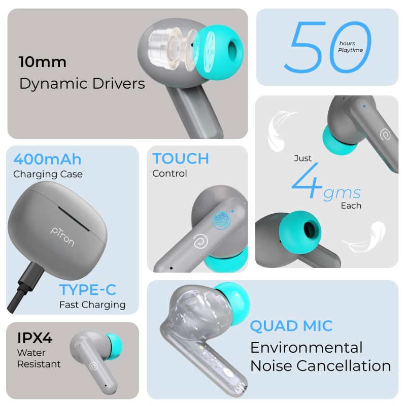 pTron Newly Launched Bassbuds Zen in-Ear Wireless TWS Earbuds with Quad ENC Mic TruTalk, 50Hrs Playtime (Grey)
