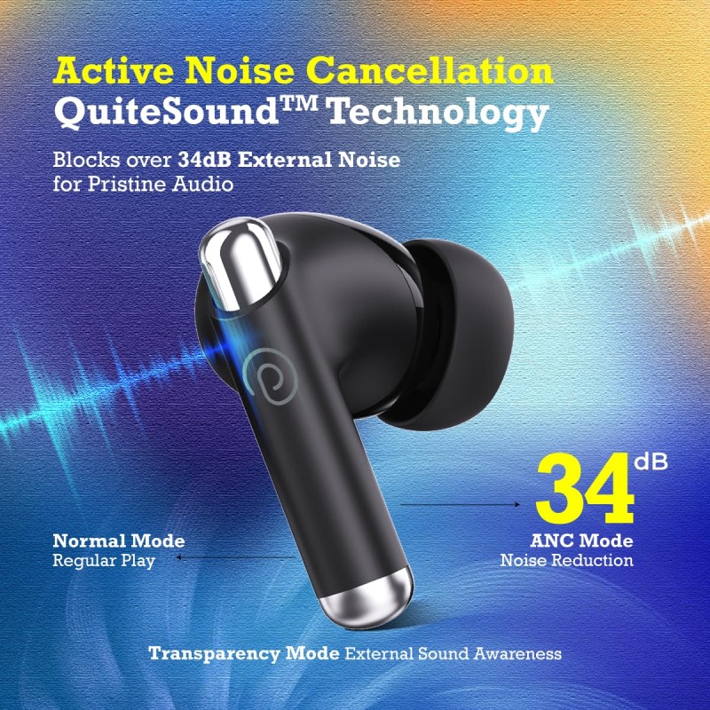 pTron Newly Launched Zenbuds Evo X5 34dB ANC TWS Earbuds, Transparency Mode, 4 Mic ENC Calls, 45H Playtime (Black)