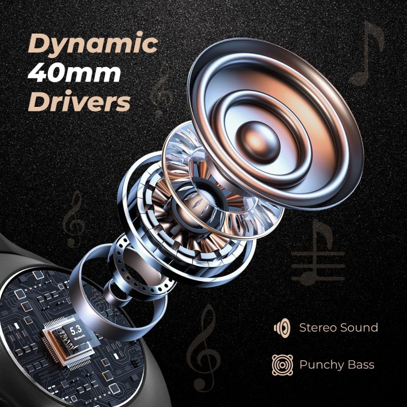pTron Studio Pro 65hrs Playtime Wireless Over Ear Headphones with Mic, 45ms Low-Latency Gaming, Deep Bass (Black)