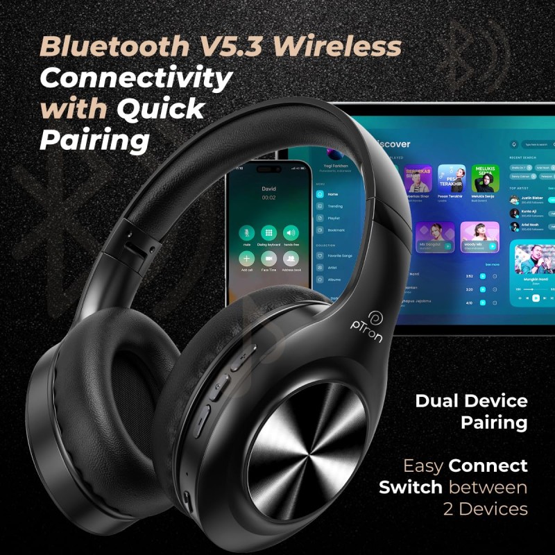 pTron Studio Pro 65hrs Playtime Wireless Over Ear Headphones with Mic, 45ms Low-Latency Gaming, Deep Bass (Black)