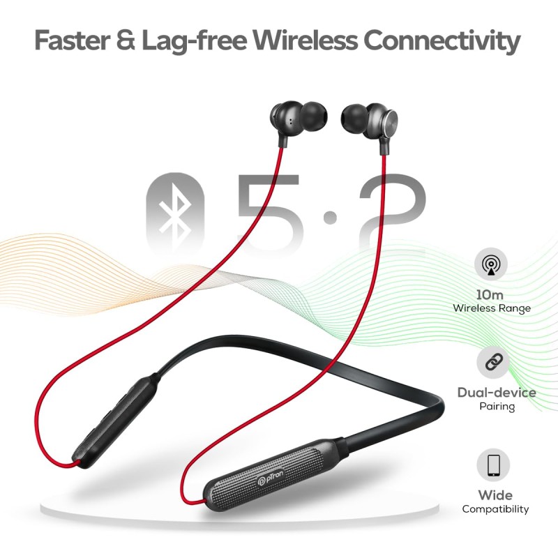 pTron Tangent Duo in Ear Wireless Headphones with Mic, 13mm Driver, Bluetooth V5.2, Dual Device Pairing, Fast Charging Black)