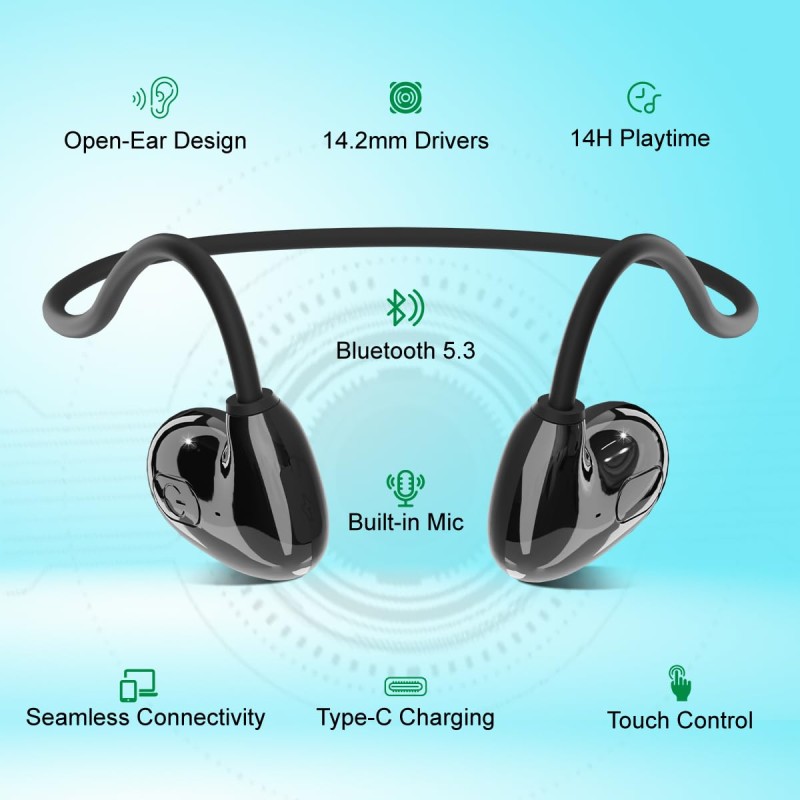 pTron Tangent Play Open-Ear Wireless On Ear Neckband with Hd Mic,Safebeats Design Ear Health&Comfort,14Hrs Playtime (Shiny Black)