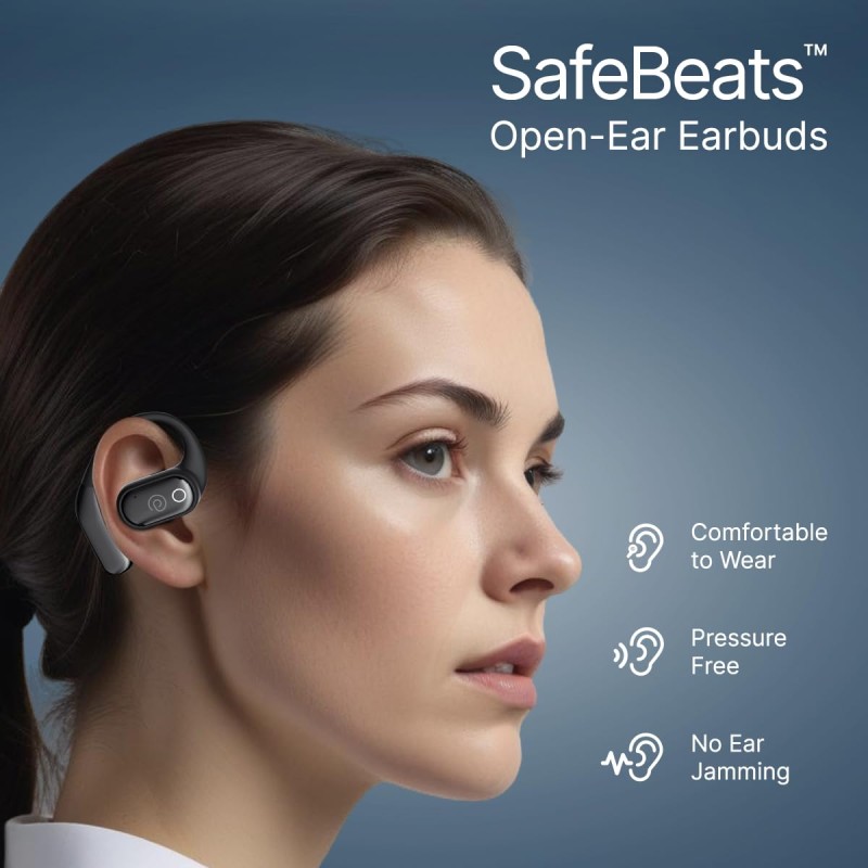 pTron Zenbuds Evo X2 Pro Open Ear Wireless Earbuds, SafeBeats Design, 4 QuadPro Mics with ENC Calls, 60H Playtime (Jet Black)