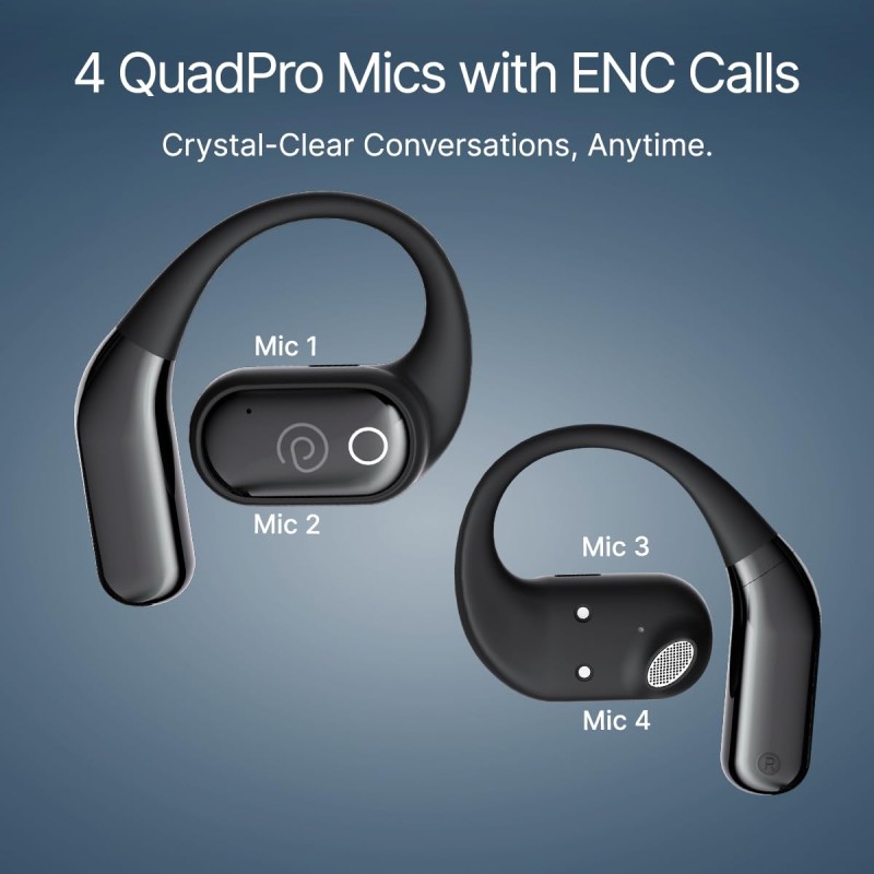 pTron Zenbuds Evo X2 Pro Open Ear Wireless Earbuds, SafeBeats Design, 4 QuadPro Mics with ENC Calls, 60H Playtime (Jet Black)