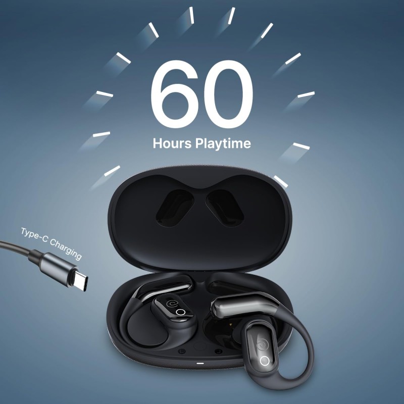 pTron Zenbuds Evo X2 Pro Open Ear Wireless Earbuds, SafeBeats Design, 4 QuadPro Mics with ENC Calls, 60H Playtime (Jet Black)