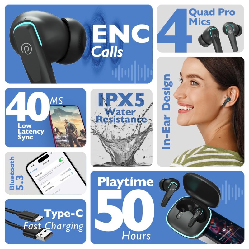 pTron Zenbuds Evo X2 in-Ear TWS Earbuds with Quad Mic & TruTalk ENC Calls, 50Hrs Playtime, 40ms (Jet Black)