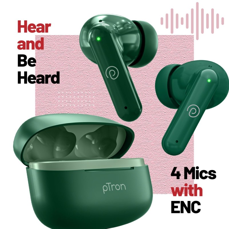 pTron Zenbuds X1 4 HD Mic TWS Earbuds w/AI-ENC Clear Calls, 40hrs Playtime, Pristine Sound, in-Ear Sensor, 40ms (Green)