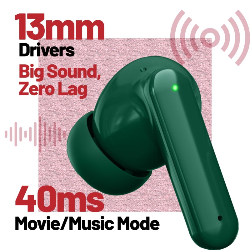 pTron Zenbuds X1 4 HD Mic TWS Earbuds w/AI-ENC Clear Calls, 40hrs Playtime, Pristine Sound, in-Ear Sensor, 40ms (Green)