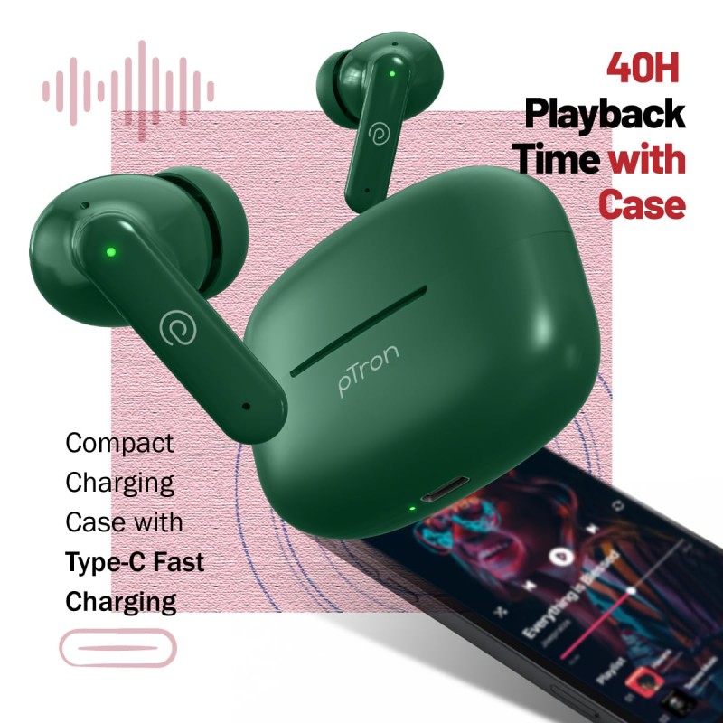 pTron Zenbuds X1 4 HD Mic TWS Earbuds w/AI-ENC Clear Calls, 40hrs Playtime, Pristine Sound, in-Ear Sensor, 40ms (Green)