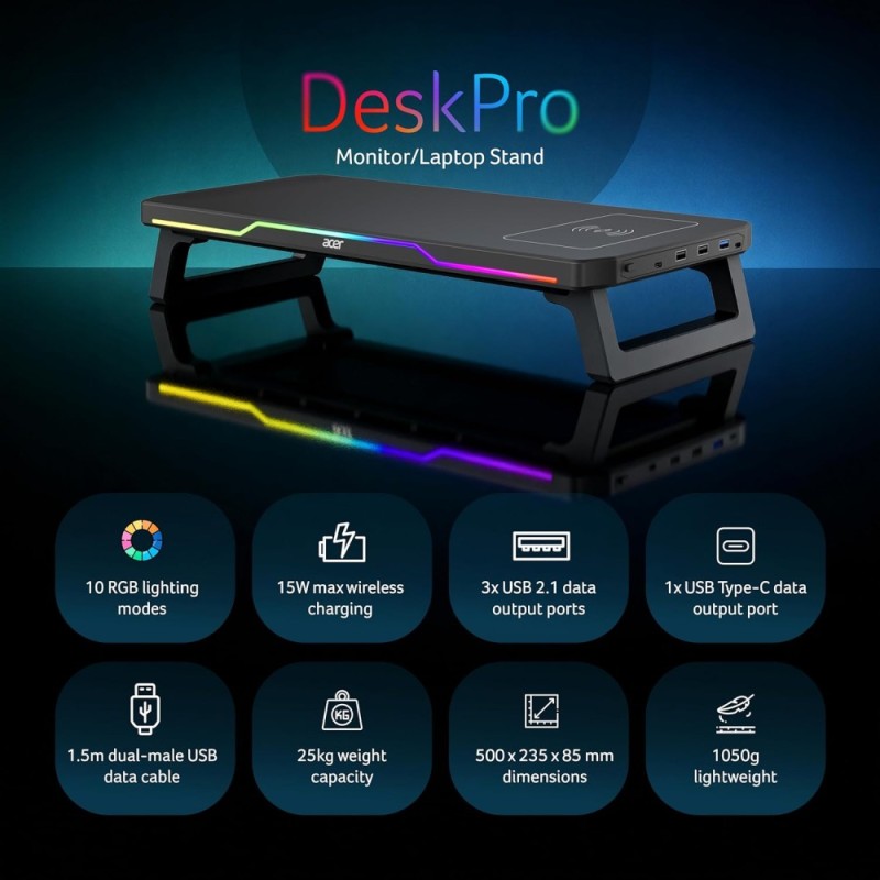 Acer DeskPro Monitor Laptop Stand RGB Lighting 15W Charge Black