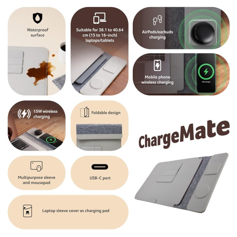 Acer Laptop Sleeve ZC.A01SI.3LJ 4-in-1 Wireless Charging Grey