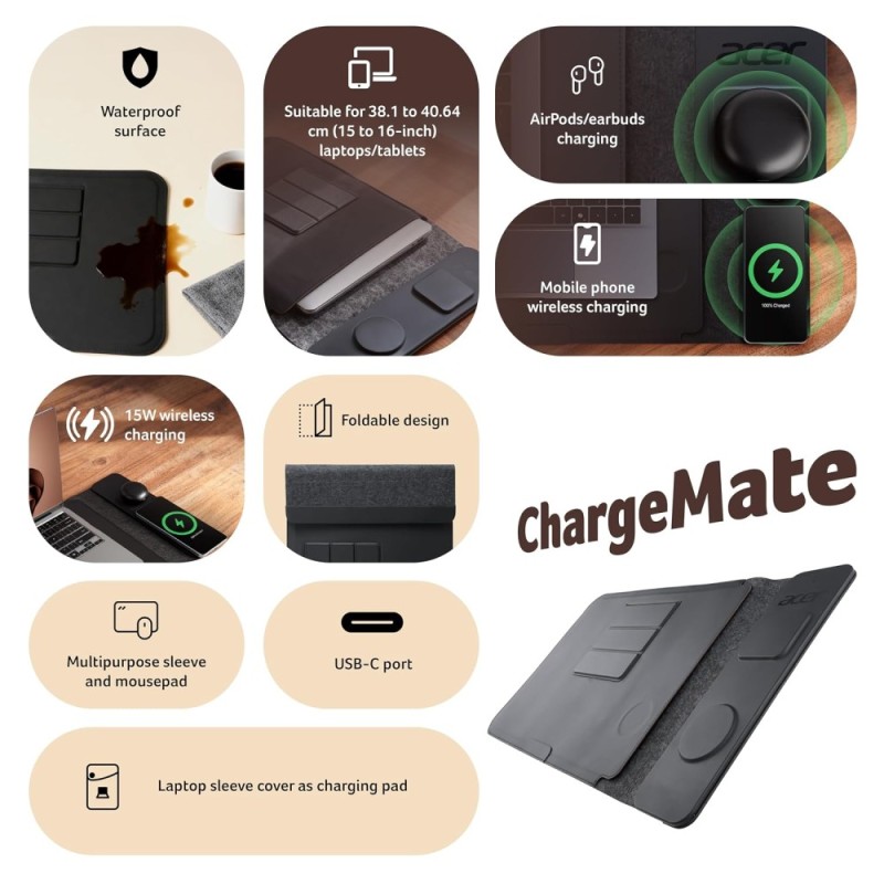 Acer Laptop Sleeve ZC.A01SI.3LK 4-in-1 Wireless Charger Black