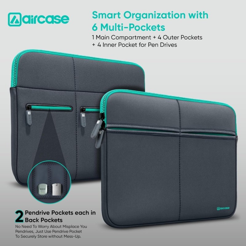 AirCase Laptop Sleeve AP-MS-208-GRY 6 Pocket Neoprene Waterproof Grey