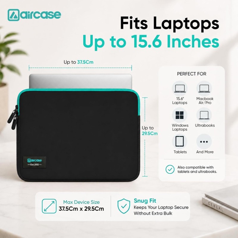AirCase Laptop Sleeve C46-BLKGRN Water-Resistant Neoprene 15.6 Inch Black-Green