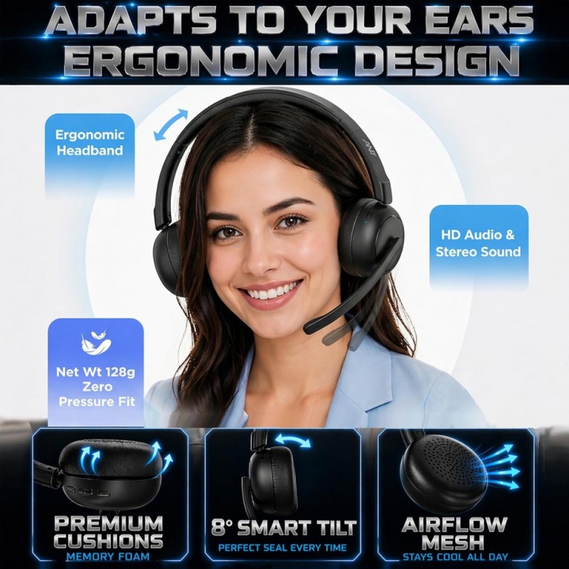 Ant Esports Office Headset GLORY20 Bluetooth 5.4, 30H Playtime, Powerful Bass, Black