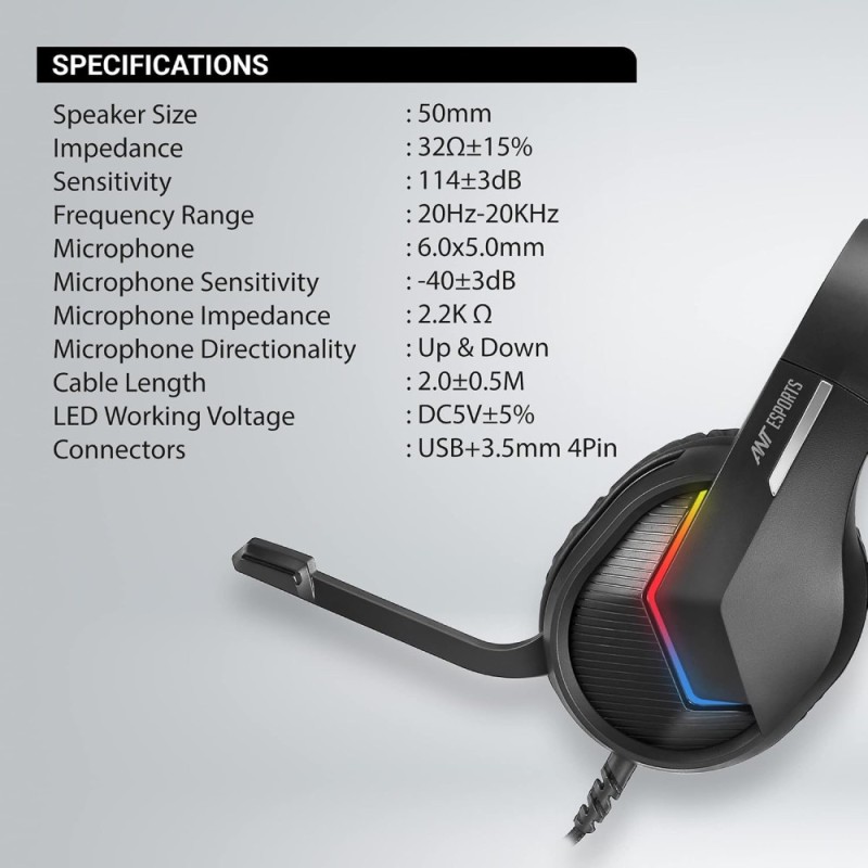 Ant Esports Wired Over Ear Gaming Headphones H1100 Pro 50MM Drivers, Comfortable Design, Black