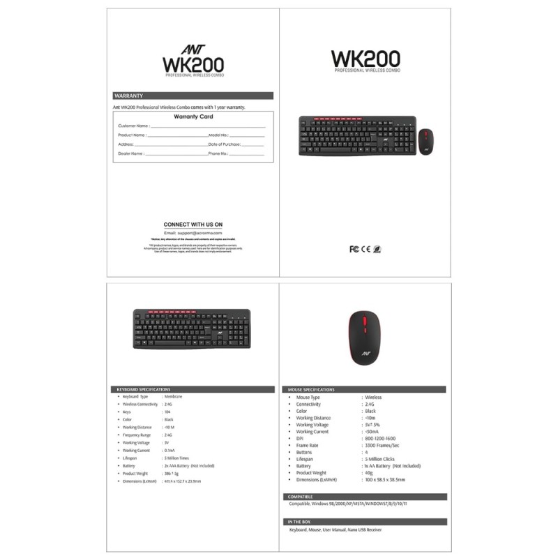 Ant Esports Wireless Keyboard and Mouse Combo WK200 2.4 GHz Spill-Resistant Black