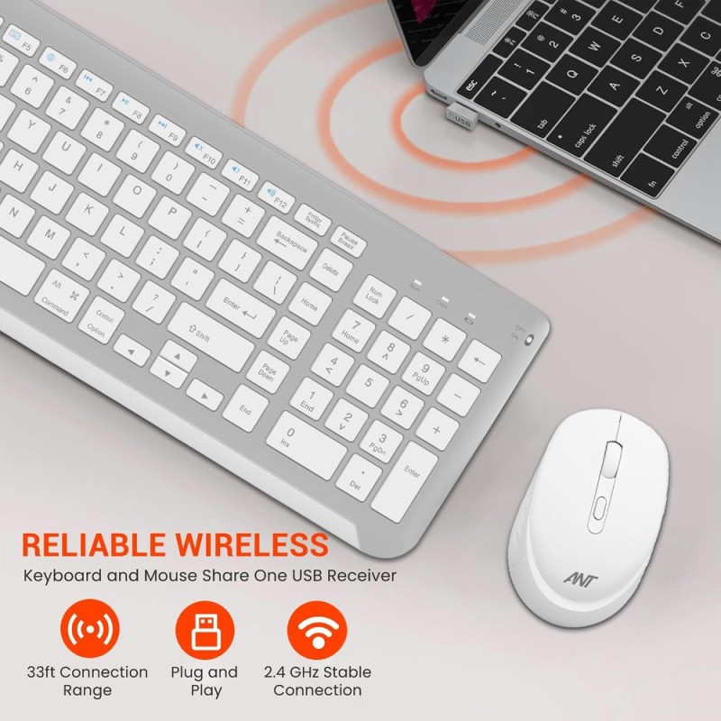 Ant Esports Wireless Keyboard and Mouse Combo WK250 105 Keys, 12 Multimedia Keys, Up to 1600 DPI White