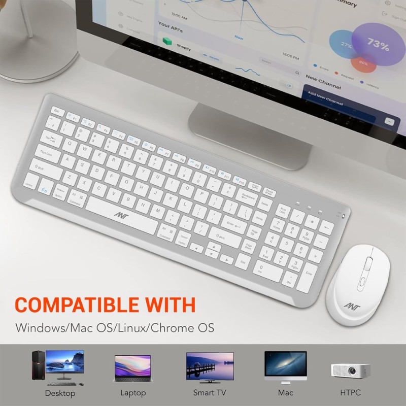 Ant Esports Wireless Keyboard and Mouse Combo WK250 105 Keys, 12 Multimedia Keys, Up to 1600 DPI White