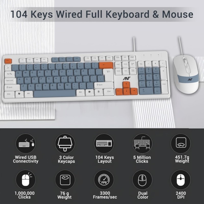 Ant Wired Combo Keyboard & Mouse Set MASTER 20 104 Key Membrane 2400 DPI Adjustable White Grey Orange