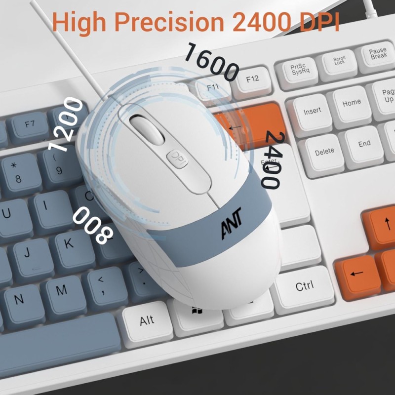 Ant Wired Combo Keyboard & Mouse Set MASTER 20 104 Key Membrane 2400 DPI Adjustable White Grey Orange
