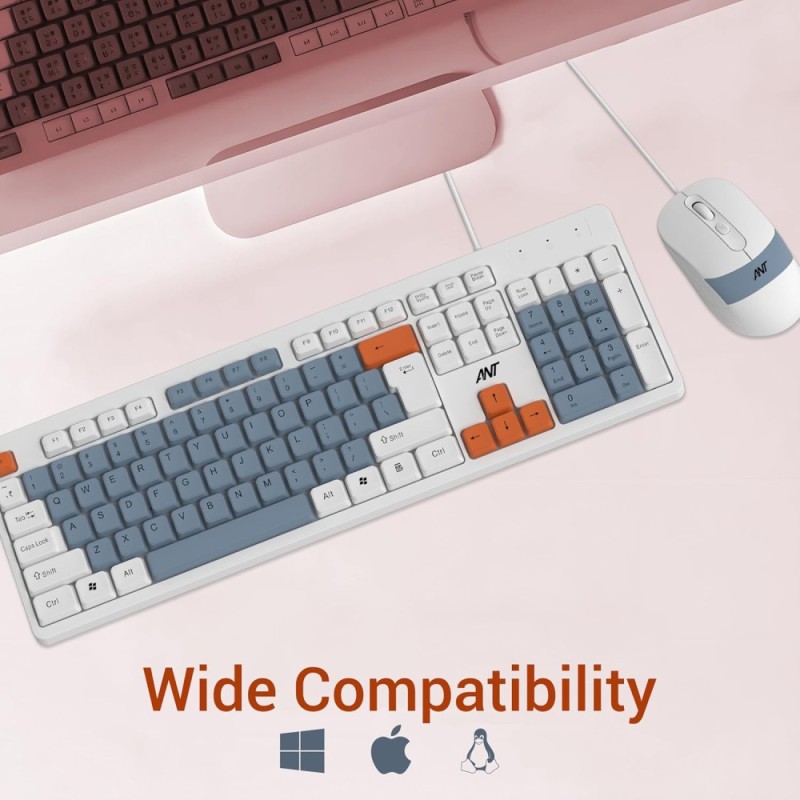 Ant Wired Combo Keyboard & Mouse Set MASTER 20 104 Key Membrane 2400 DPI Adjustable White Grey Orange