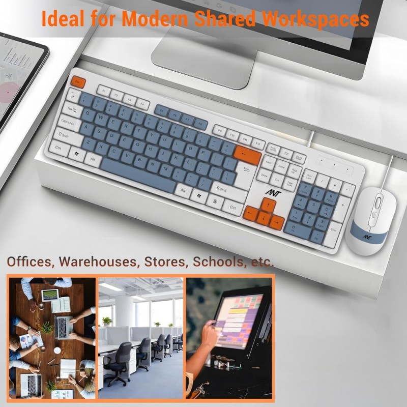 Ant Wired Combo Keyboard & Mouse Set MASTER 20 104 Key Membrane 2400 DPI Adjustable White Grey Orange