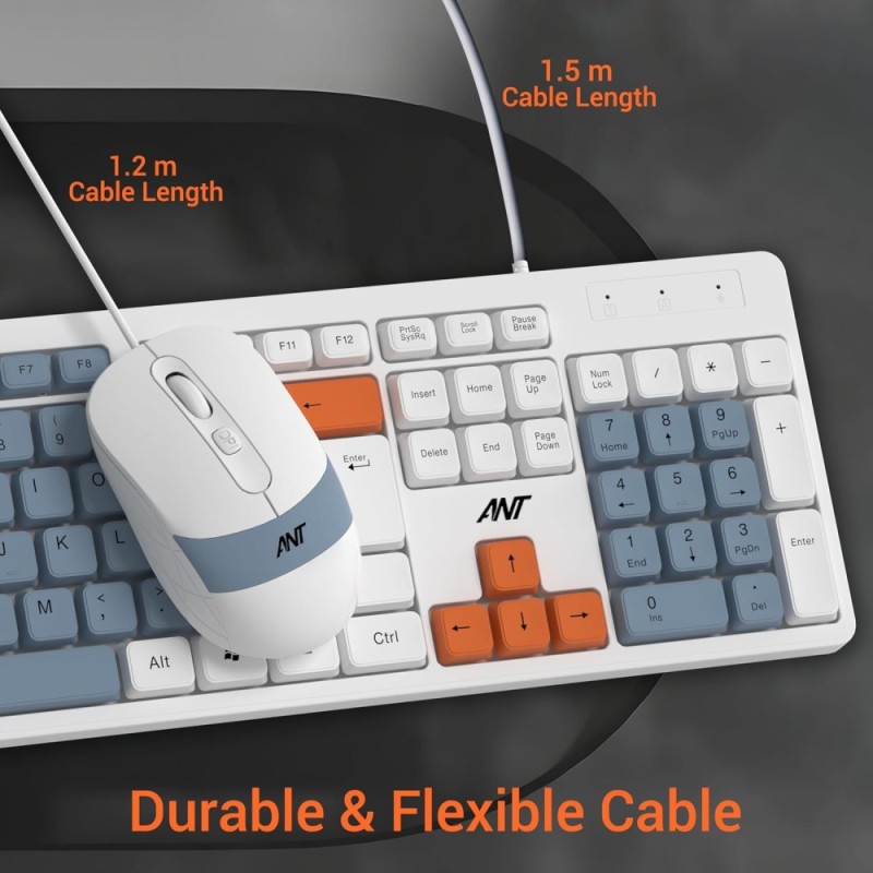 Ant Wired Combo Keyboard & Mouse Set MASTER 20 104 Key Membrane 2400 DPI Adjustable White Grey Orange