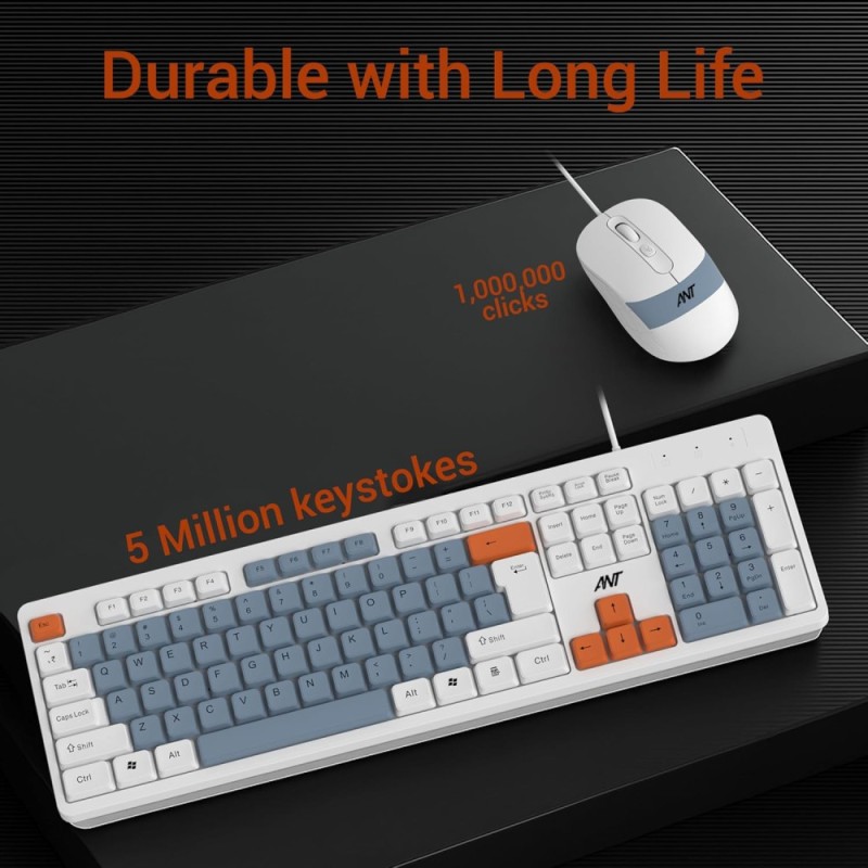 Ant Wired Combo Keyboard & Mouse Set MASTER 20 104 Key Membrane 2400 DPI Adjustable White Grey Orange
