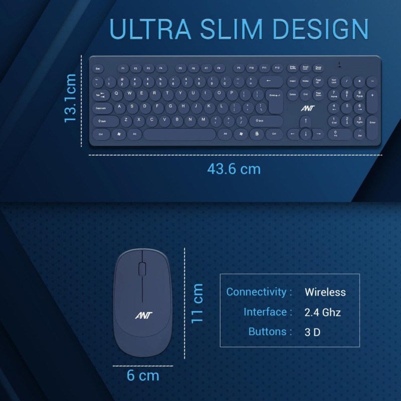 Ant Wireless Keyboard and Mouse Combo Full-Sized QWERTY Blue