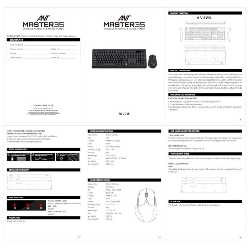 Ant Wireless Keyboard and Mouse Combo Master 35 2.4GHz Full Size 104 Keys AI Shortcut Key Black