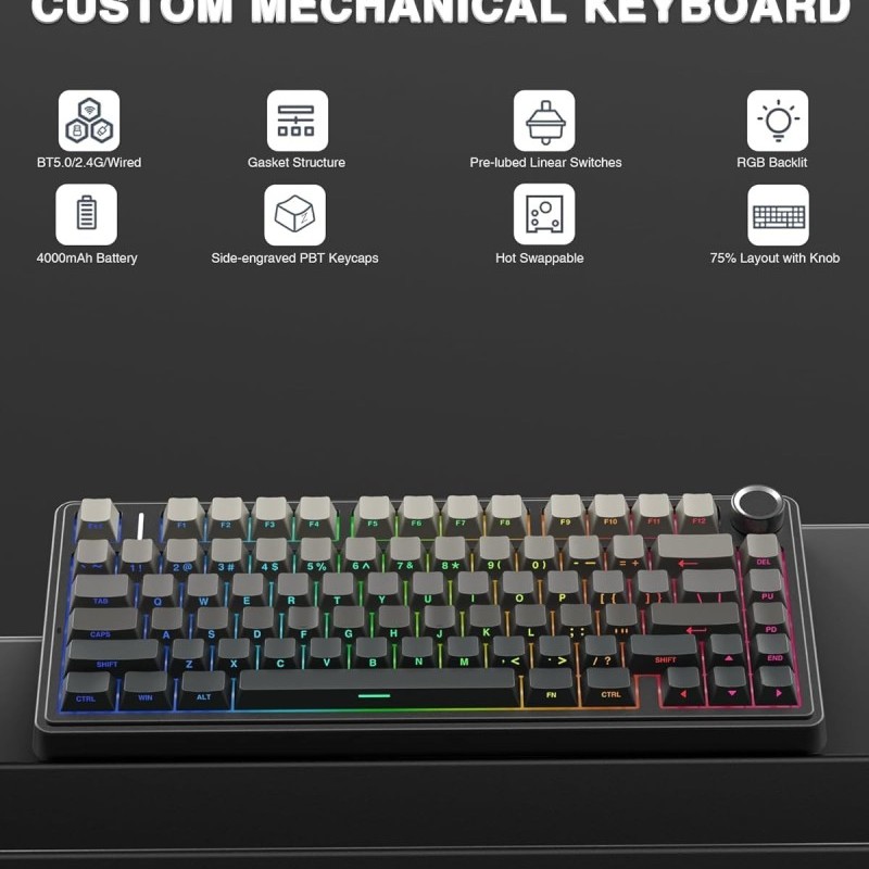 AULA Mechanical Gaming Keyboard F75 Wireless RGB Backlit 75% Layout Side-Engraved Keycaps Gradient-Gray