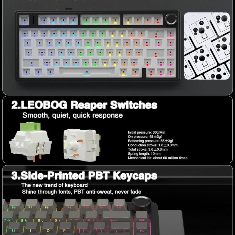 AULA Mechanical Gaming Keyboard F75 Wireless RGB Backlit 75% Layout Side-Engraved Keycaps Gradient-Gray