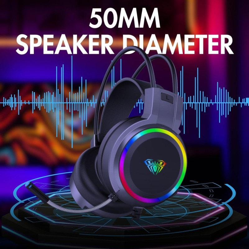 AULA S608 Gaming Headset | 50mm Drivers | RGB Lighting | Black