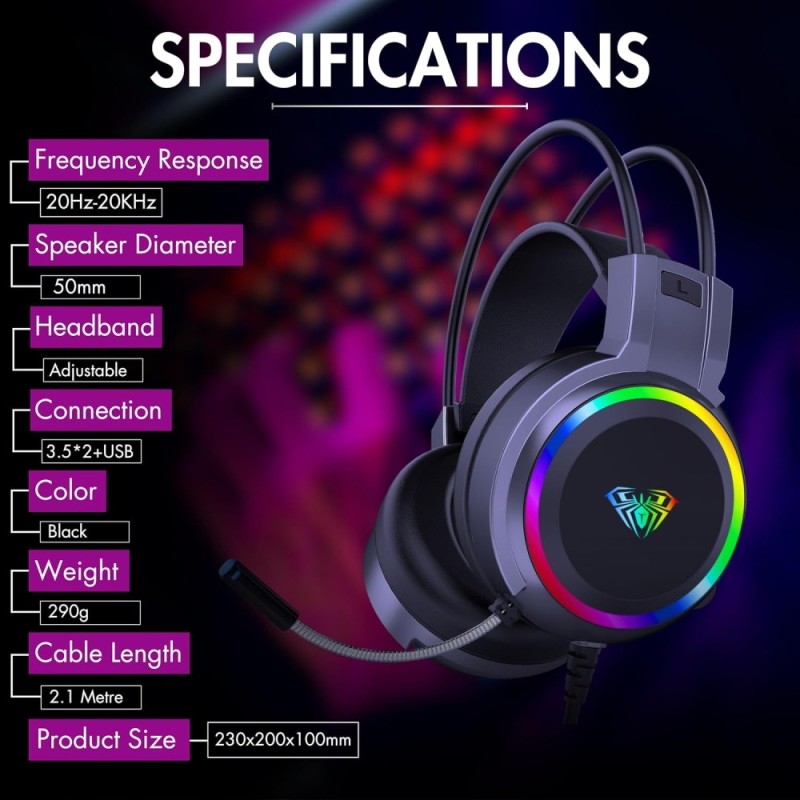 AULA S608 Gaming Headset | 50mm Drivers | RGB Lighting | Black