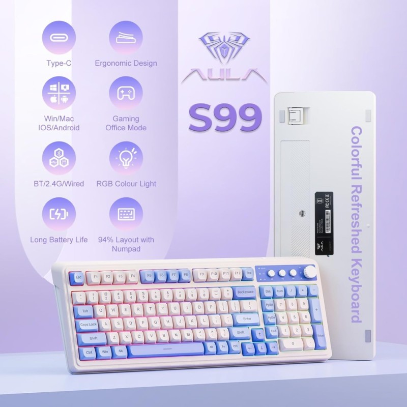 AULA S99 Silicon Membrane Keyboard 3 in 1 Bluetooth/USB-C Purple