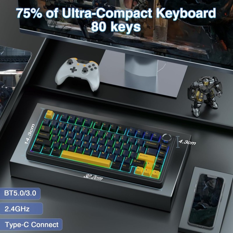 AULA Wireless Mechanical Keyboard F75 75% Tri-mode RGB Thunder Black